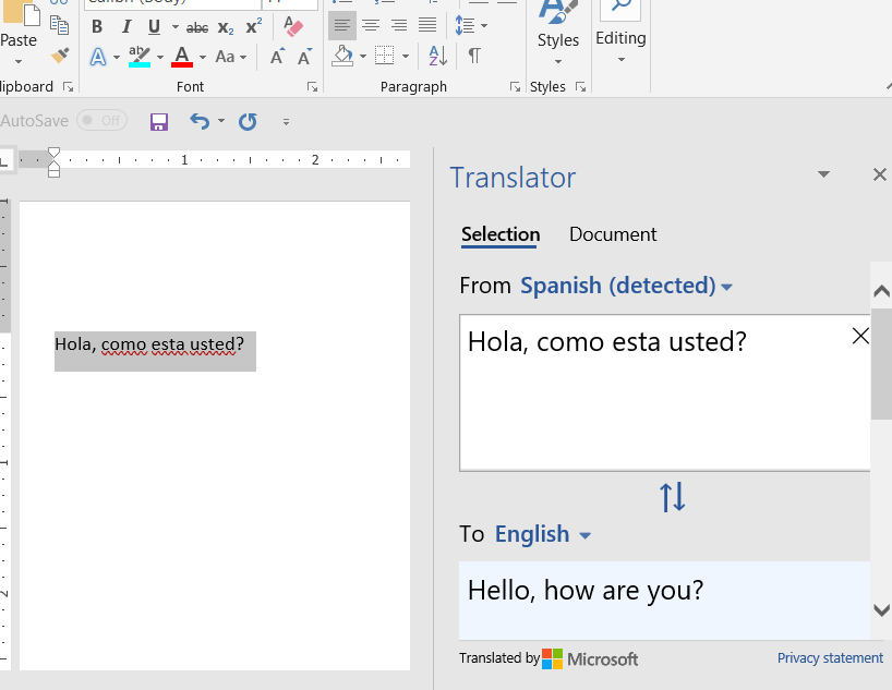Intelligent translator in Word for Office 365