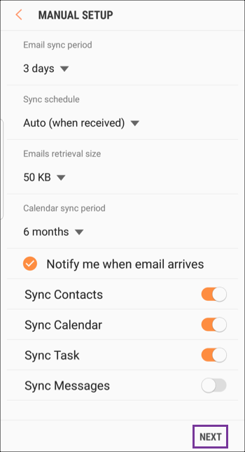 office 365 email settings for android