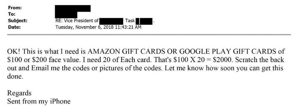 email of ceo fraud scam for fraudulent gift card purchases
