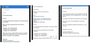 A screen shot showing communications for Cortana as it organizes a meeting