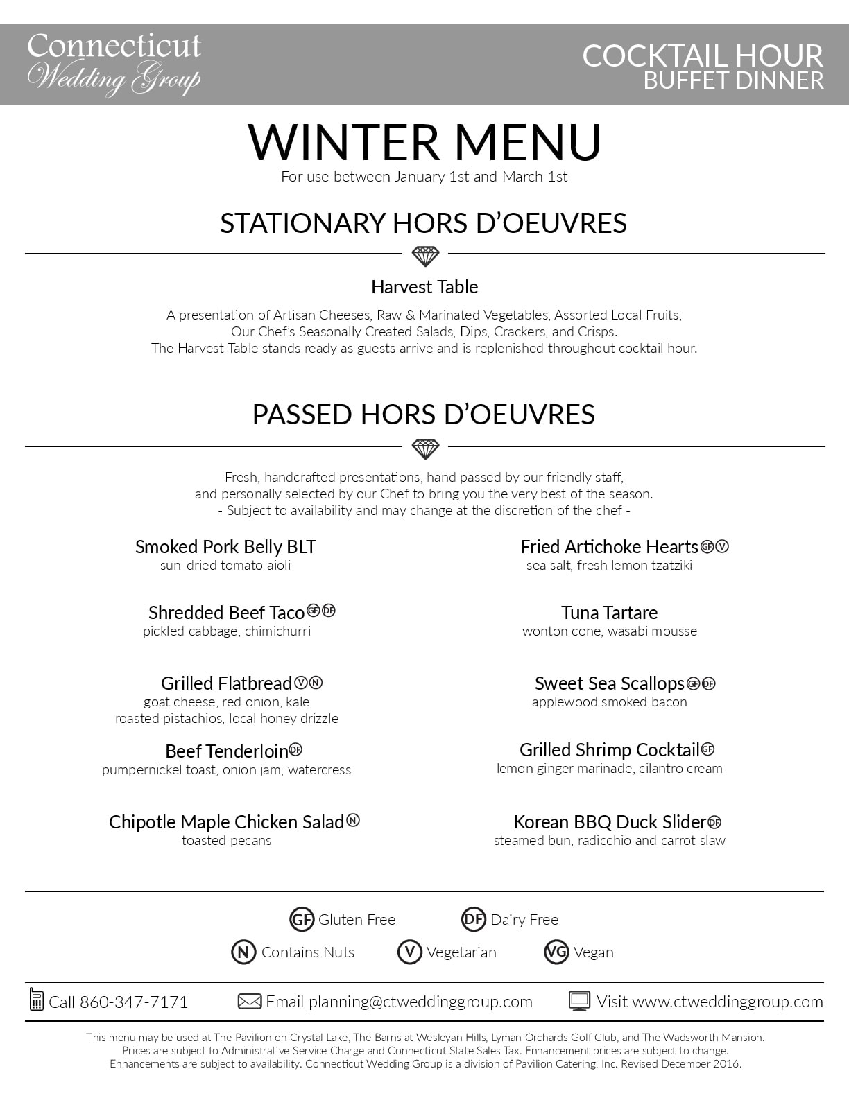 Winter Buffet Menu CT Wedding Group