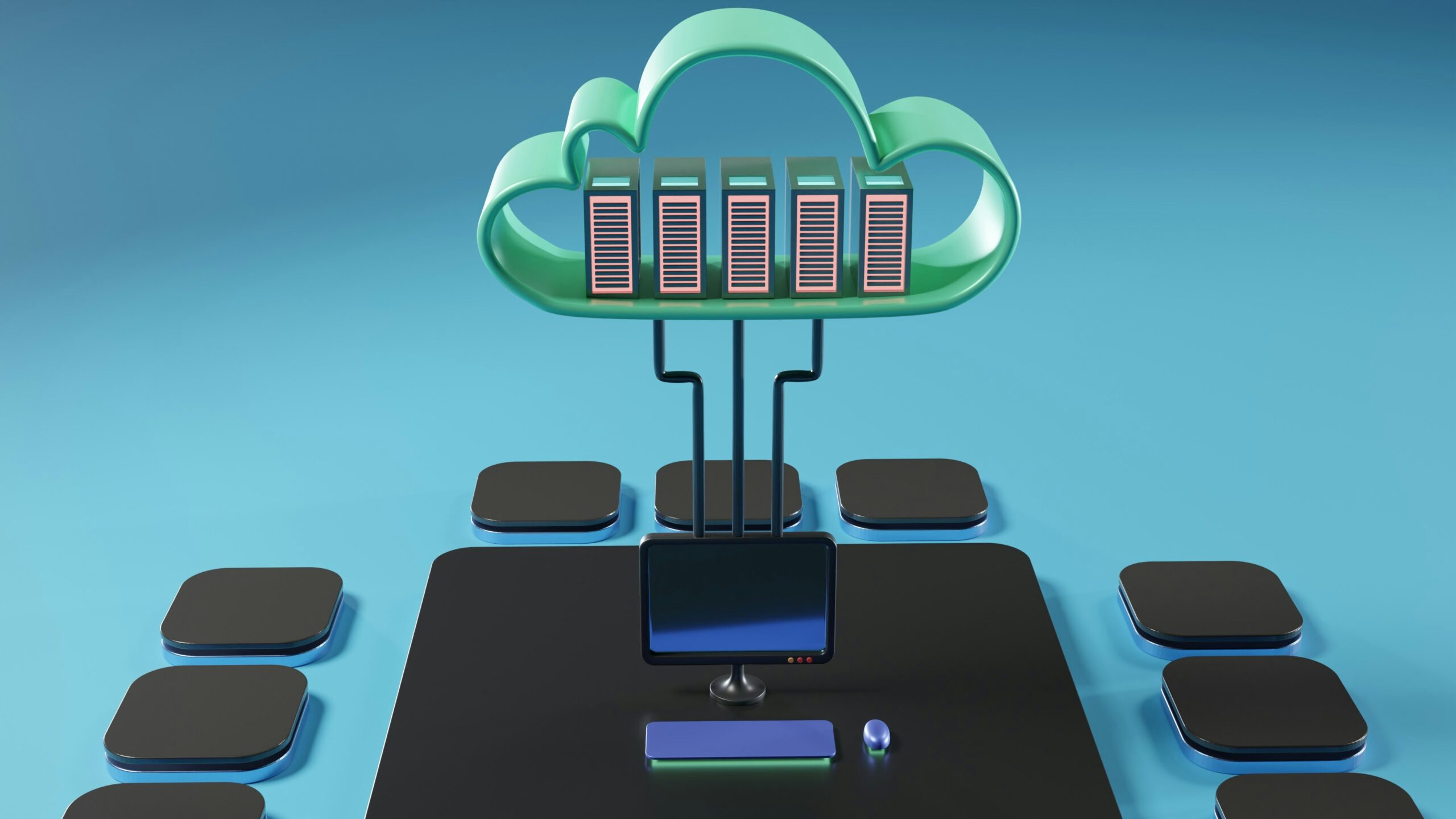 3D illustration of servers inside a cloud connected to a computer.