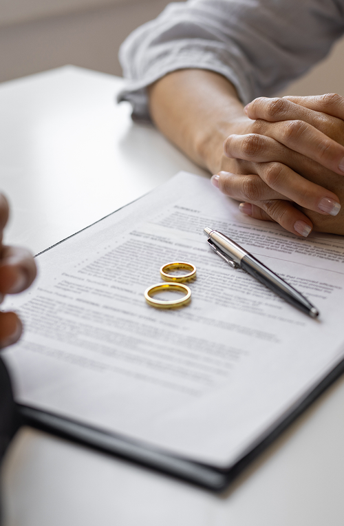 Client reviewing divorce paperwork during an initial consultation