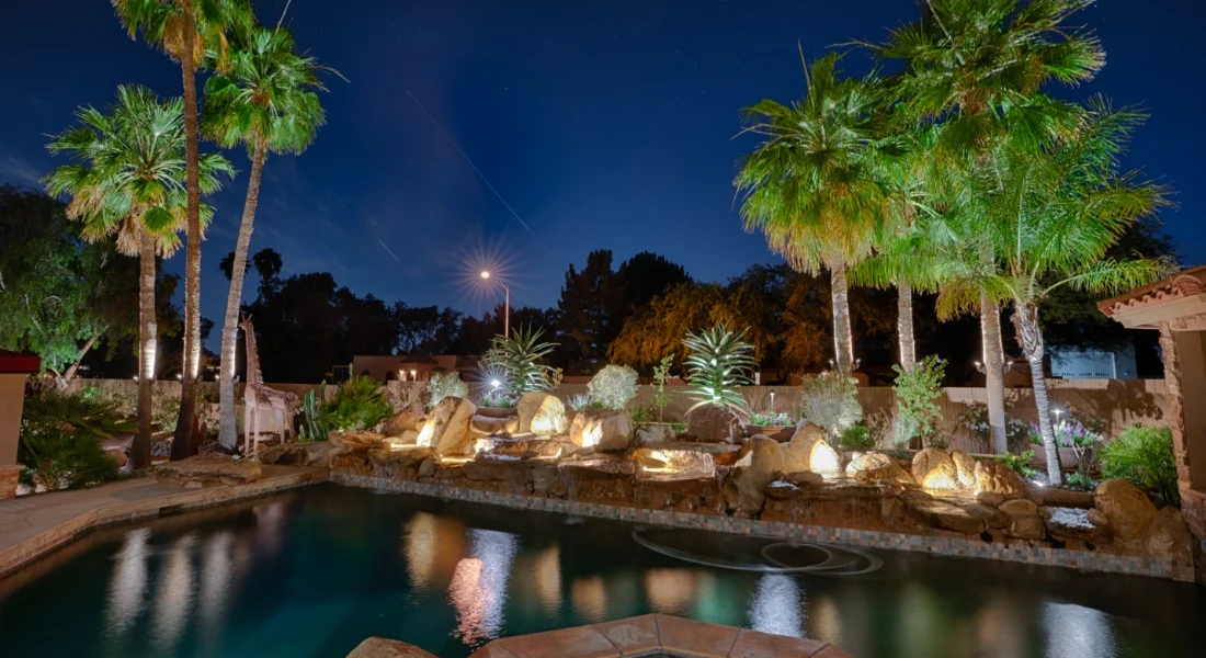 landscape lighting accenting trees and water