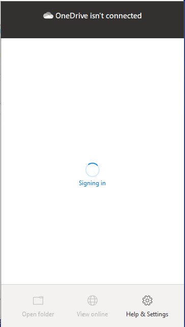 Screenshot of OneDrive stuck on signing in with a continuous loading wheel.
