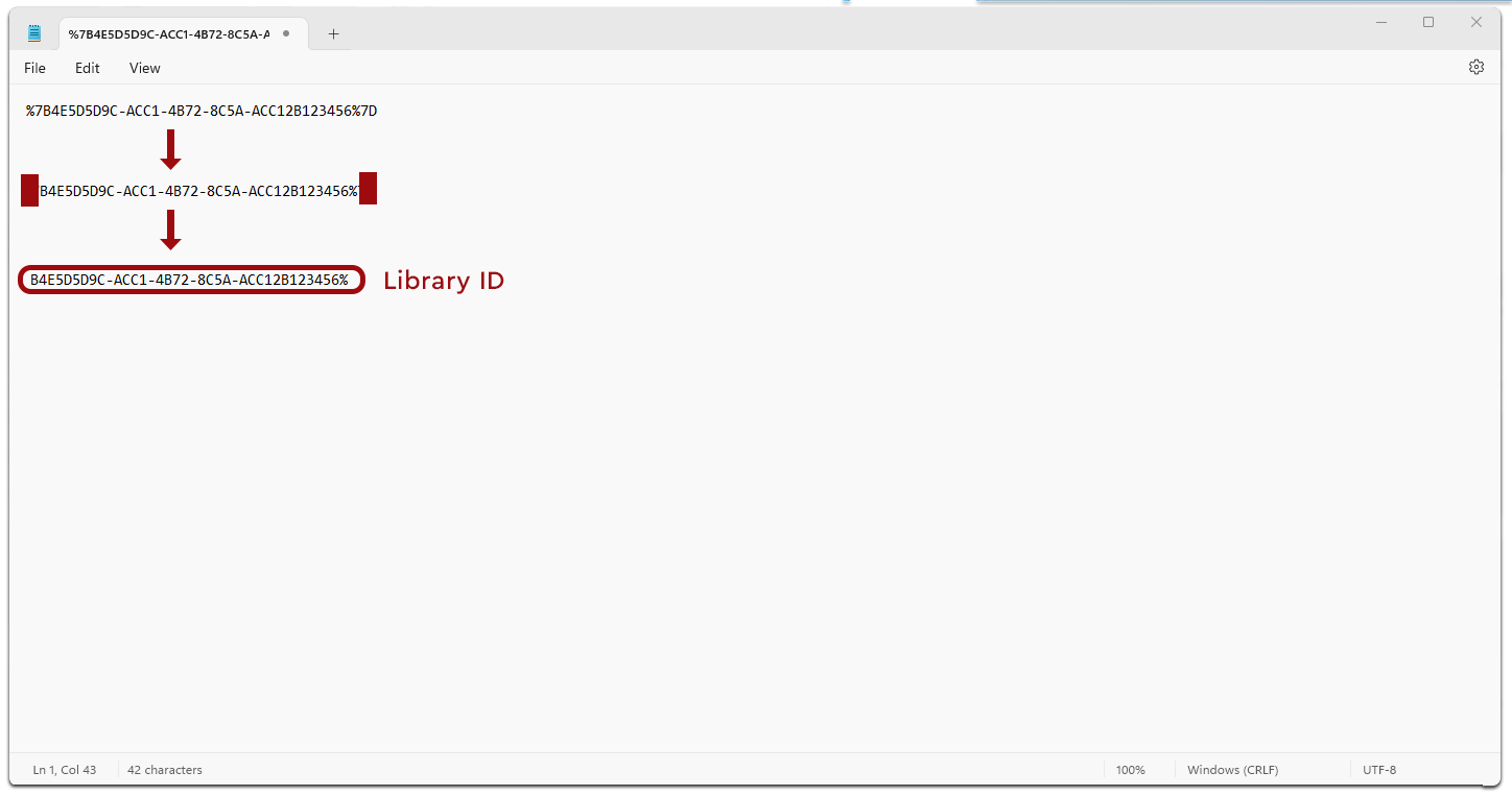 An image of a notepad with the Library ID from the SharePoint URL copied and pasted. The ID is highlighted, showing the step of extracting the ID from the URL.