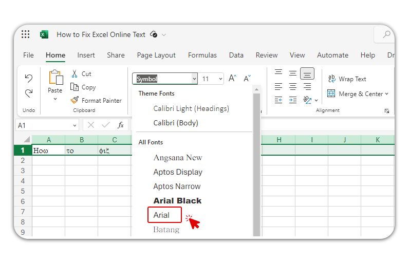 An Excel Online spreadsheet with a cell selected for text formatting. The dropdown menu for fonts is open, showing various font options including "Arial Black" and "Arial" with the cursor pointing at "Arial," suggesting a font change for the selected text.