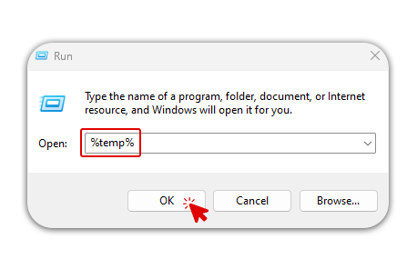 A "Run" dialog box on a Windows operating system with the command "%temp%" typed into the "Open:" field. The cursor is pointing at the "OK" button, indicating an action to open the temporary files directory.