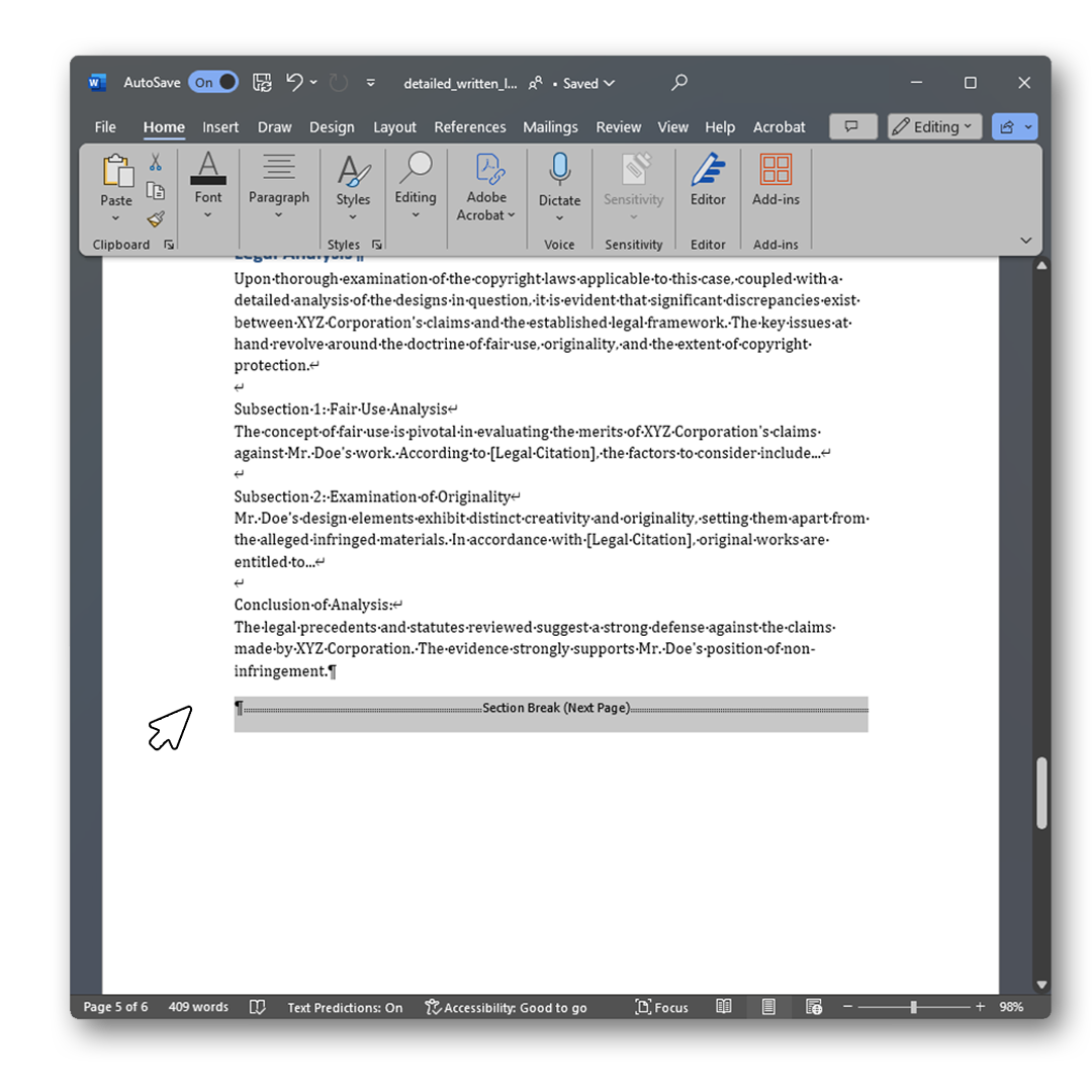 A screenshot of a Microsoft Word document displaying a section titled 'Legal Analysis' with a section break labeled 'Next Page' at the bottom. The cursor is shown as a white arrow icon on the left margin, near the section break, indicating the action of selecting the break.