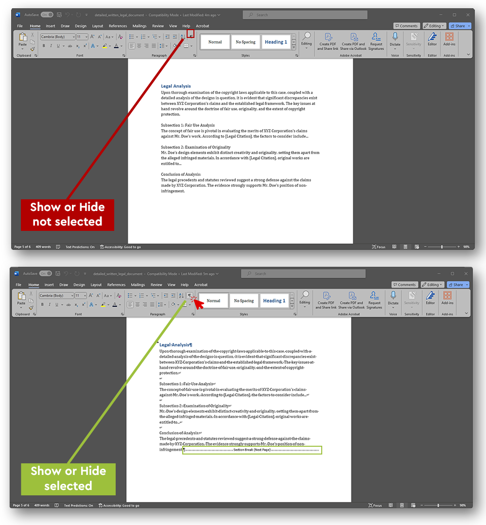 This image is a split-screen comparison of a Microsoft Word interface highlighting the 'Show/Hide ¶' function. The top half shows the function not selected, with paragraph marks and formatting symbols hidden in the document. The bottom half shows the function selected, revealing paragraph marks and other formatting symbols. A red arrow points to the 'Show/Hide ¶' button in the Word ribbon, contrasting the two states.