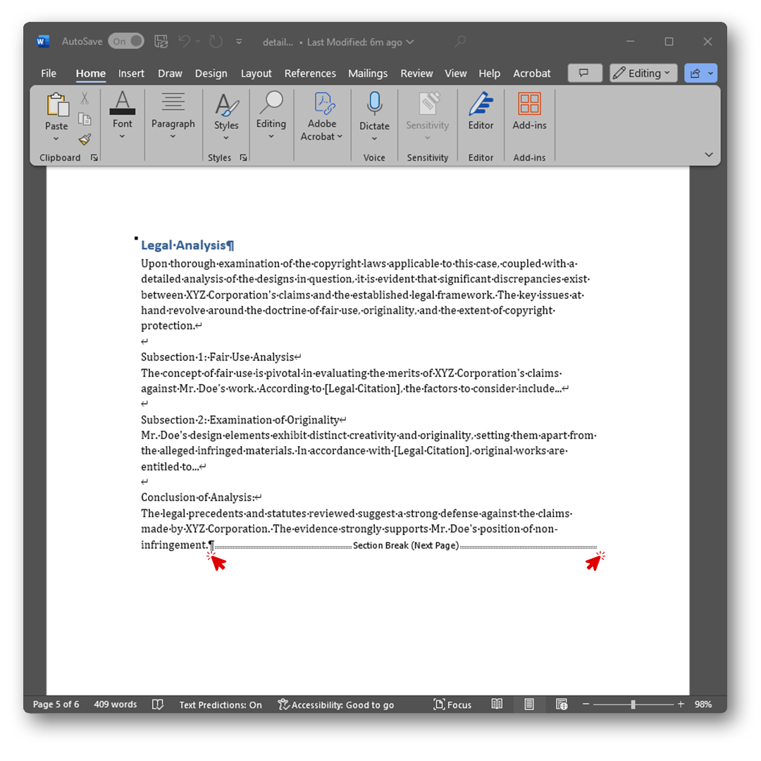 A screenshot of a Microsoft Word document displaying the 'Legal Analysis' section. There are two red cursor icons: one to the left and one to the right of the dotted line marking a 'Section Break (Next Page)'. The left cursor is pointing to the start of the section break, while the right cursor is pointing to the end of the section break. This indicates where to place the text cursor for editing. 
