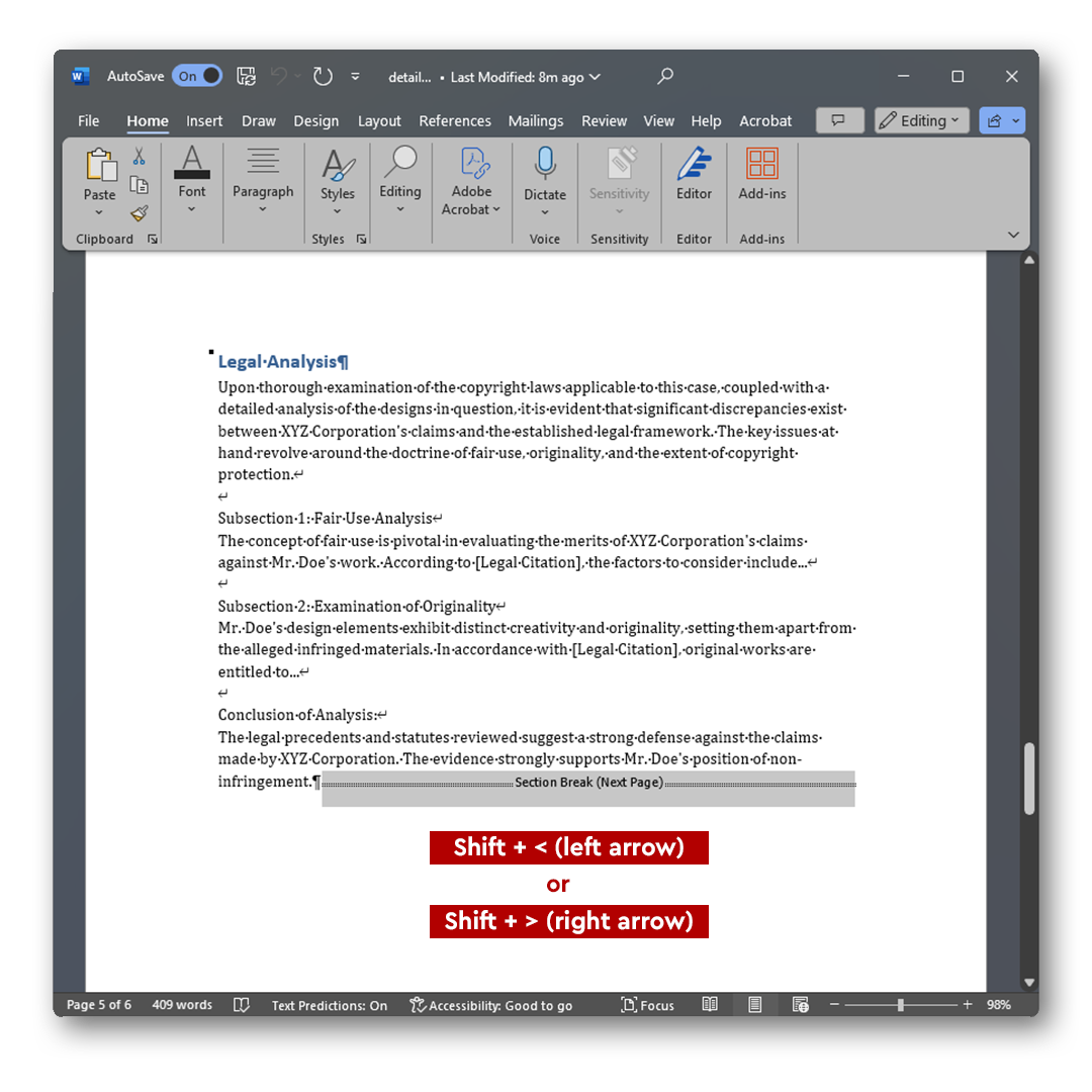 A screenshot of a Microsoft Word document with a section titled 'Legal Analysis' and instructions overlaid on the image. The instructions read 'Shift + ← (left arrow)' or 'Shift + → (right arrow)' to guide the user in selecting the section break. 