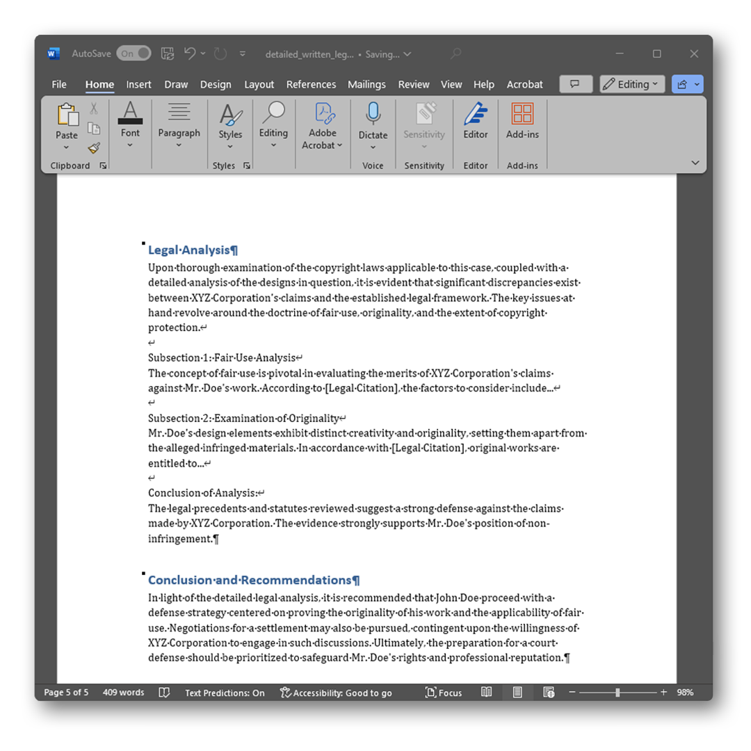 A screenshot of a Microsoft Word document with the 'Legal Analysis' section above and 'Conclusion and Recommendations' section below, where a section break has been deleted. The removal of the section break has brought the two sections closer together, streamlining the document's layout.