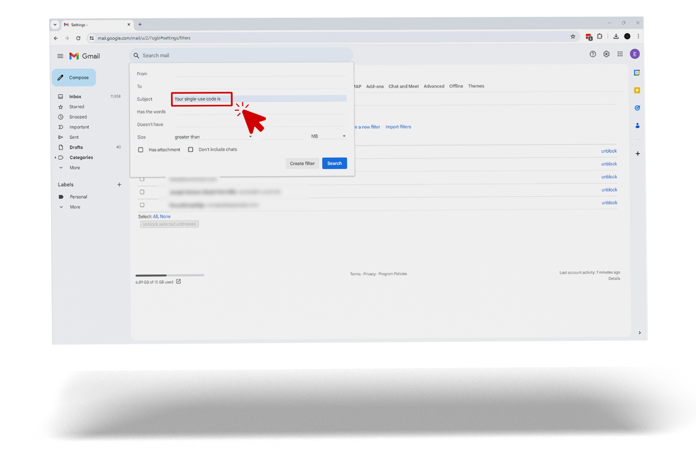 Screenshot displaying the process of creating an email filter in Gmail. The image focuses on the stage where specific conditions are defined within a filter setup, with a red arrow pointing to the 'Subject' field containing the text 'Your single-use code is:', which is being used to identify emails to be filtered.
