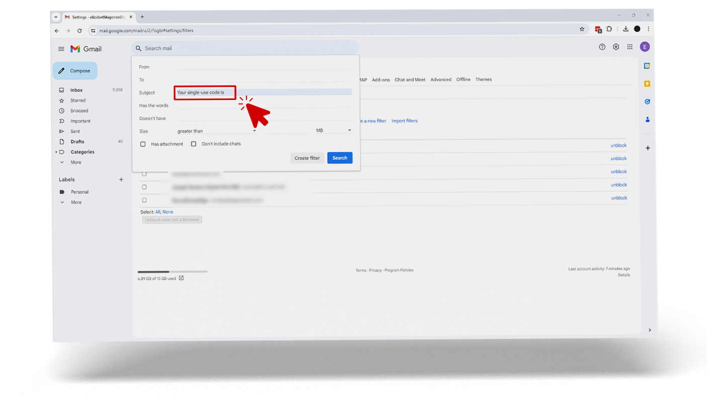 Screenshot displaying the process of creating an email filter in Gmail. The image focuses on the stage where specific conditions are defined within a filter setup, with a red arrow pointing to the 'Subject' field containing the text 'Your single-use code is:', which is being used to identify emails to be filtered.