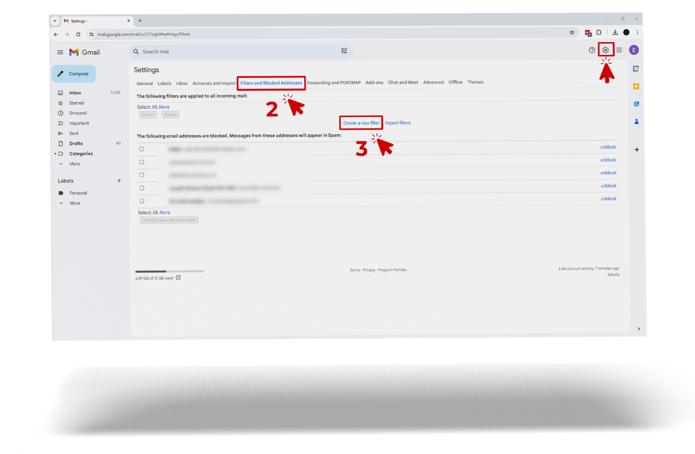 A screenshot showing the filters and blocked addresses settings in Gmail. Red arrows highlight the progression from the 'Settings' icon to the 'Filters and Blocked Addresses' tab and finally to the 'Create a new filter' link, indicating the steps to initiate the creation of a new email filter.