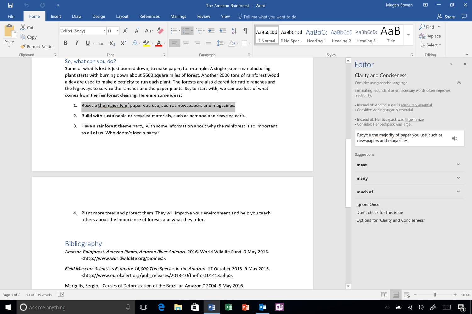 The new Editor pane is being shown alongside a document being written. The Editor pane is showing recommendations for more concise language for a highlighted passage.