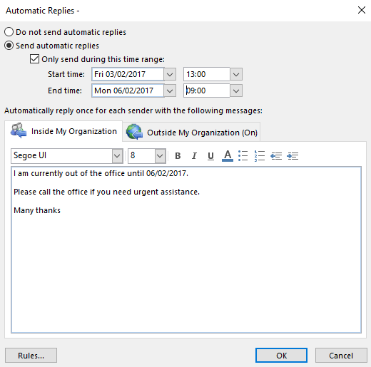Out of office message outlook osestudent