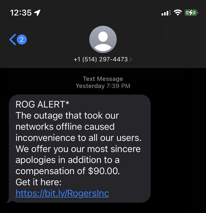 Rogers outage scam refund credit text message