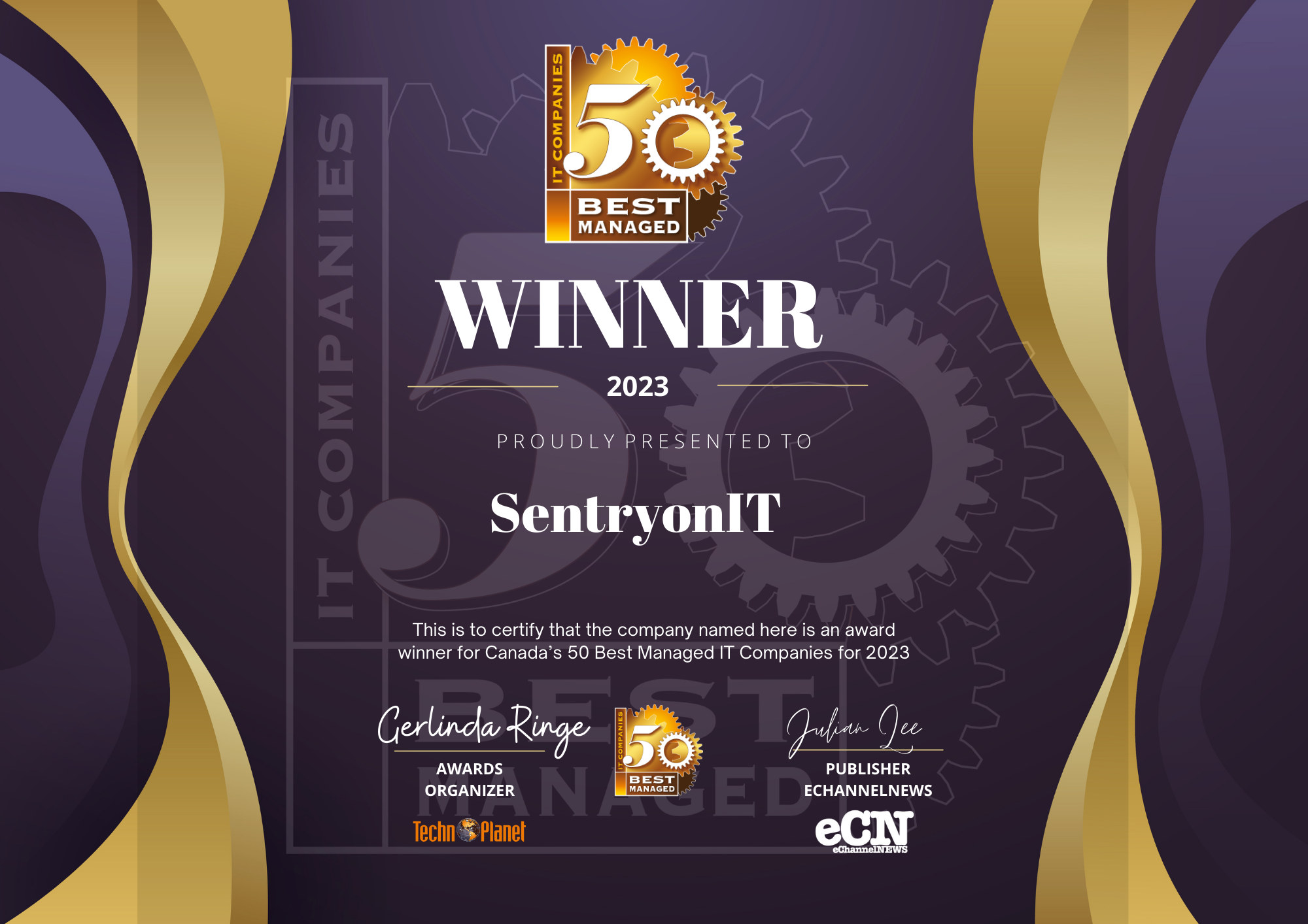 Sentryon Canada's 50 Best Managed IT Companies 2023 Award Certificate
